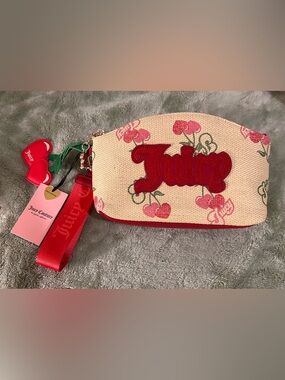 Juicy Couture Straw Cosmetic Pouch with Red Cherry Print and Red Trim